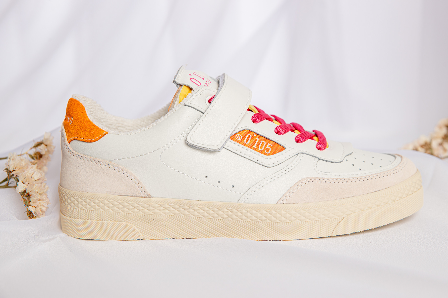 0-105 BASKETS HAZEL FUNKY FEMME BLANC LACETS ROSES DAIM ORANGE EMPIECEMENT JAUNE