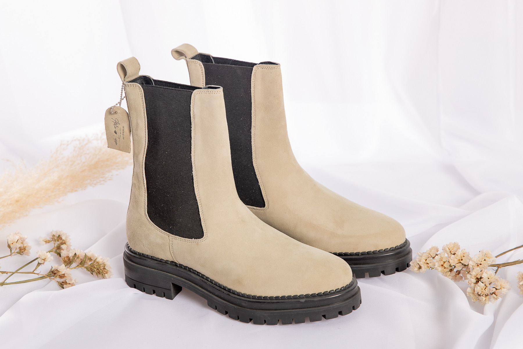 ATELIER TROPEZIEN BOTTINES ALIZEE TAUPE FEMME CUIR BEIGE ELASTIQUE NOIR