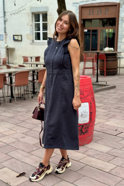 b young robe noir midi manches volants boutons kamilla 7007