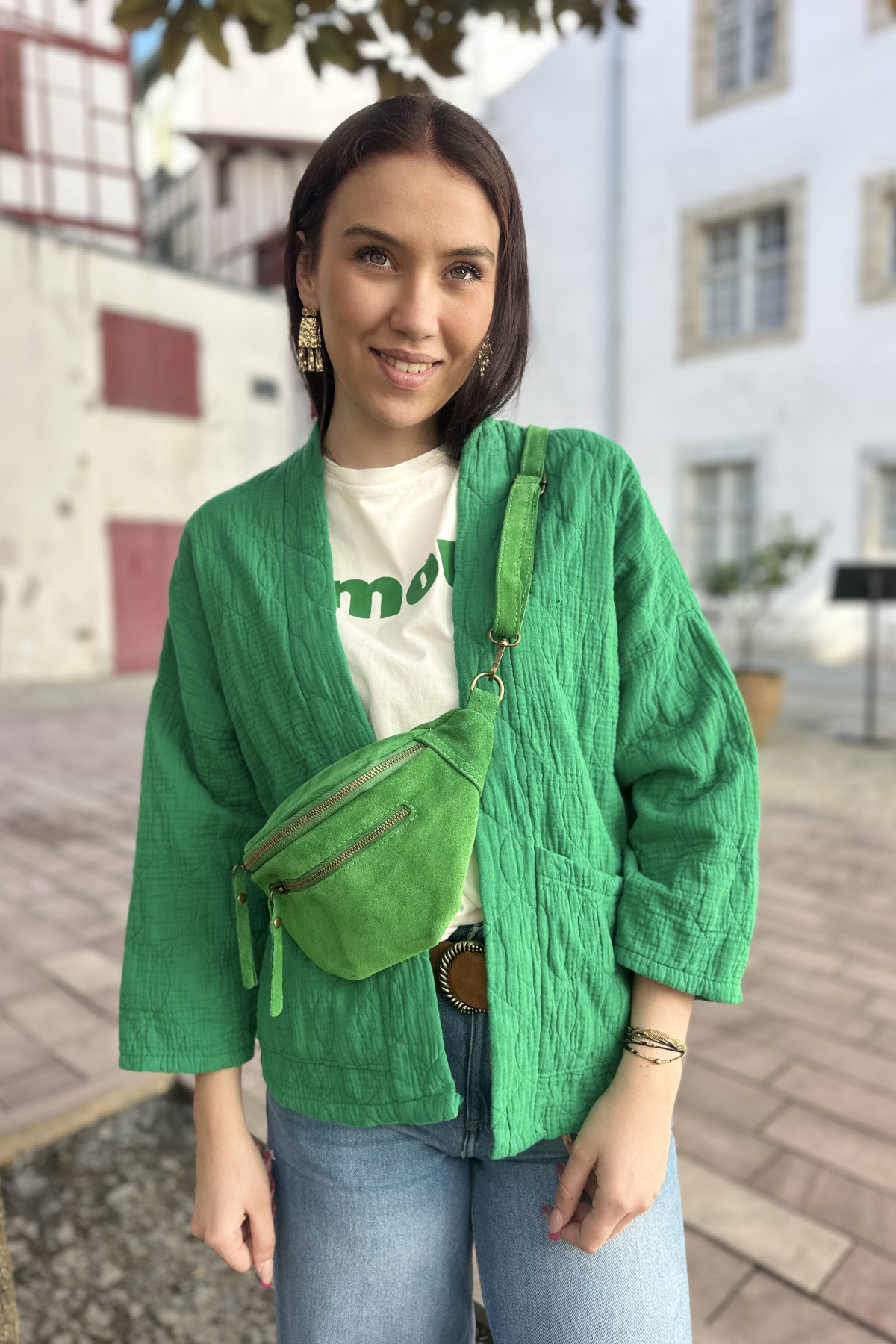Banane en daim vert avec bandoulière ajustable