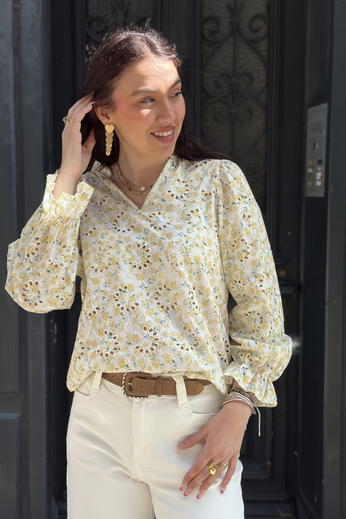 Blouse à fleurs jaune taille unique coupe oversize