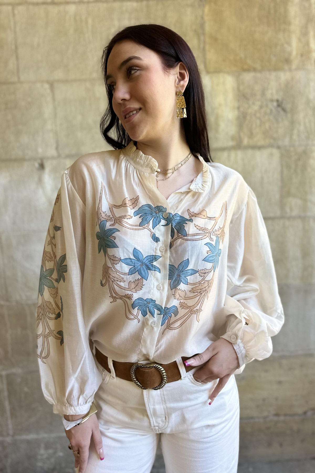 Blouse bohème imprimé floral tons bleu et beige
