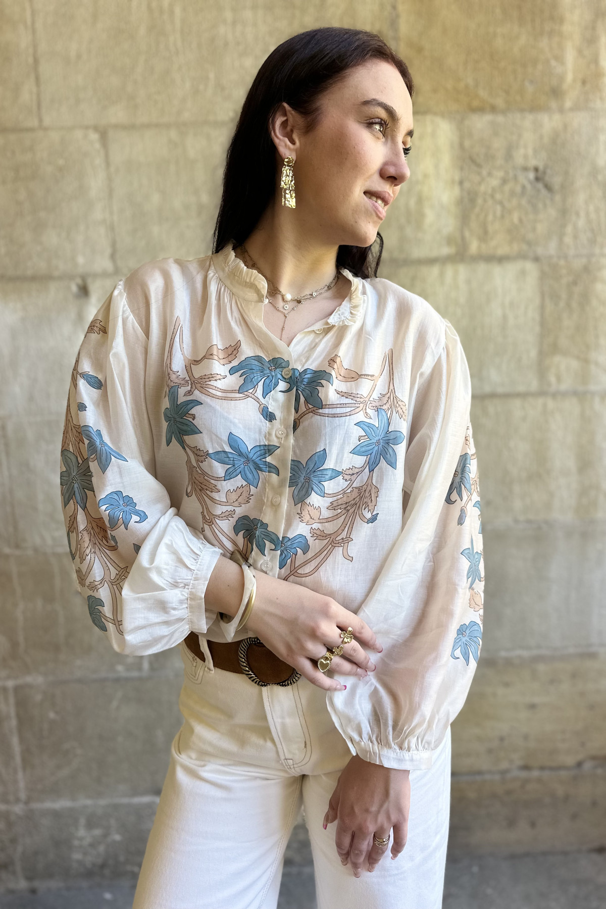 Blouse bohème imprimé floral tons bleu et beige
