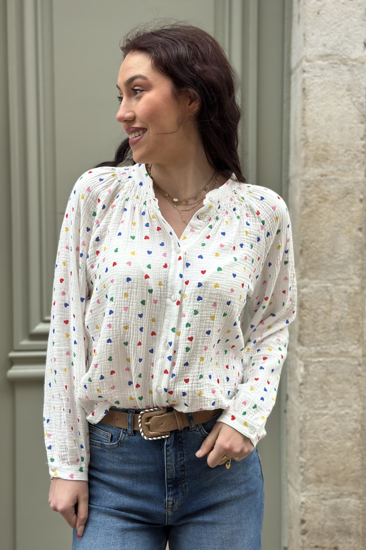 Blouse en gaze de coton motif coeurs multicolores