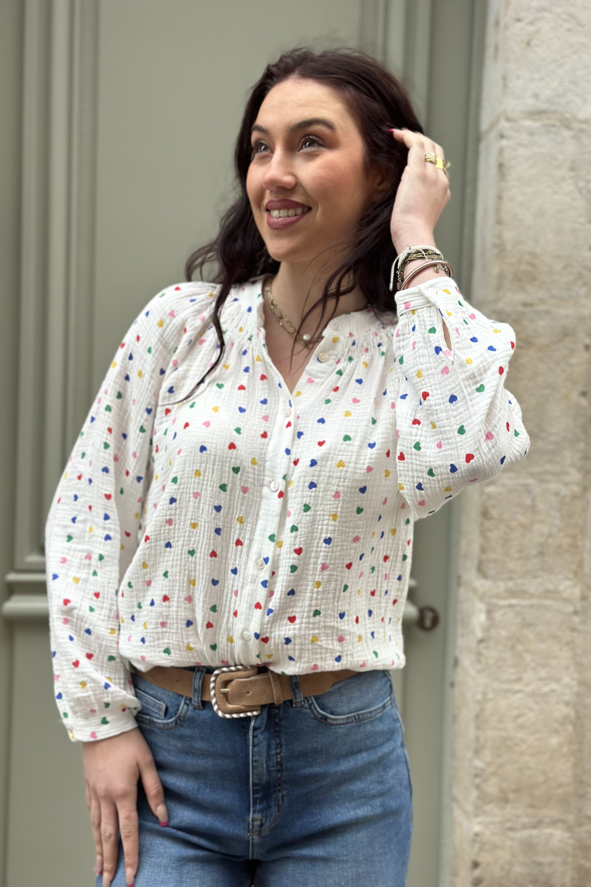 Blouse en gaze de coton motif coeurs multicolores