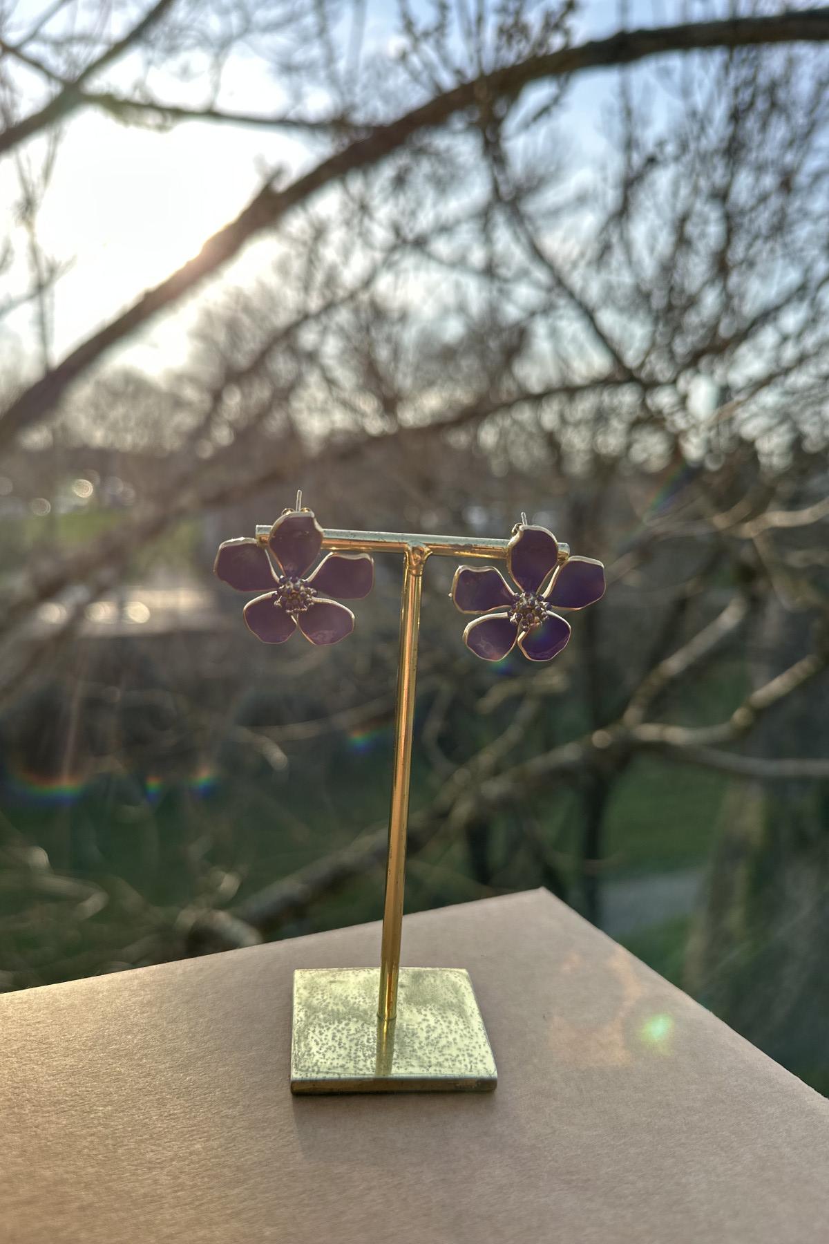 boucles d'oreilles fleurs violette acier inoxydable