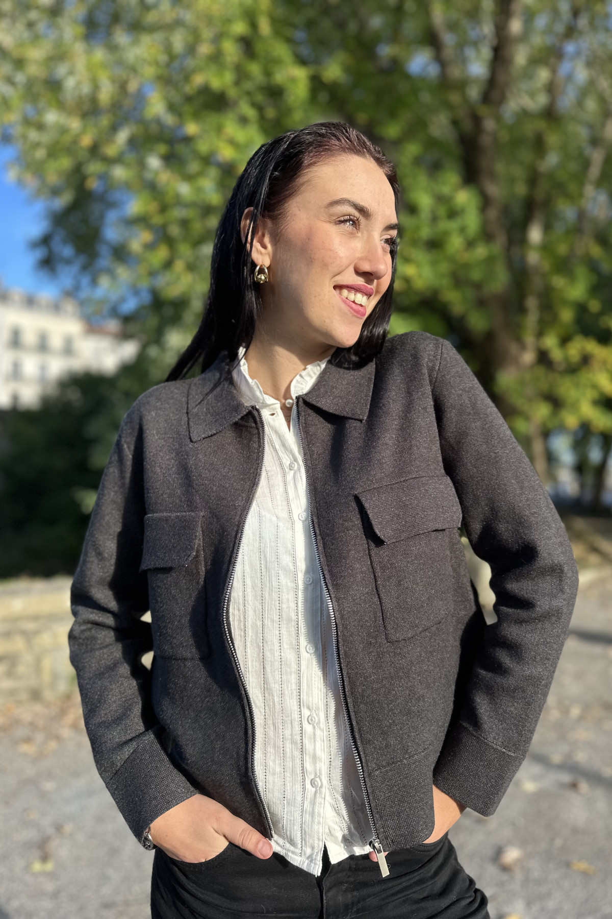 VESTE ZIPPEE AVEC COL CHEMISE GRISE 65079 (1)