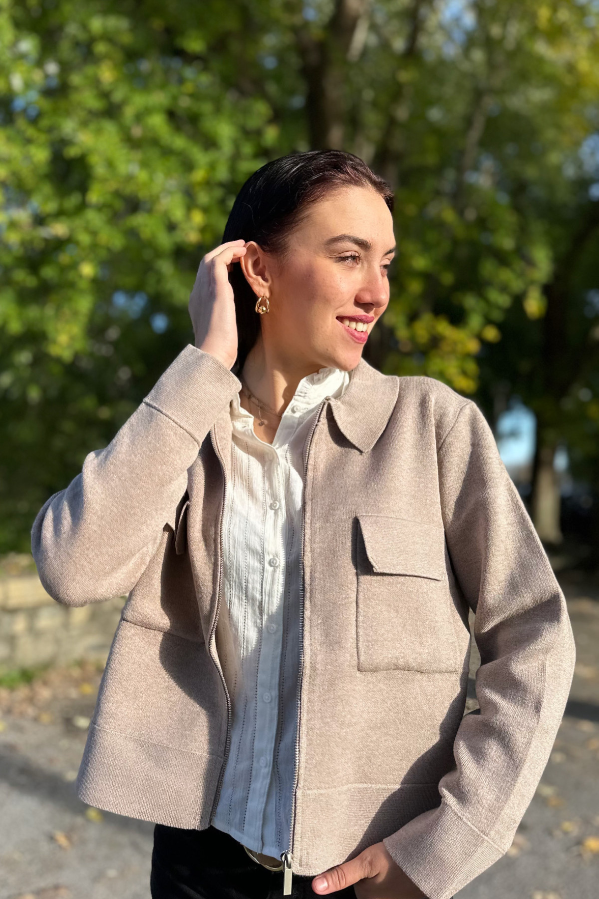 VESTE ZIPPEE AVEC COL CHEMISE BEIGE 65079 (1)