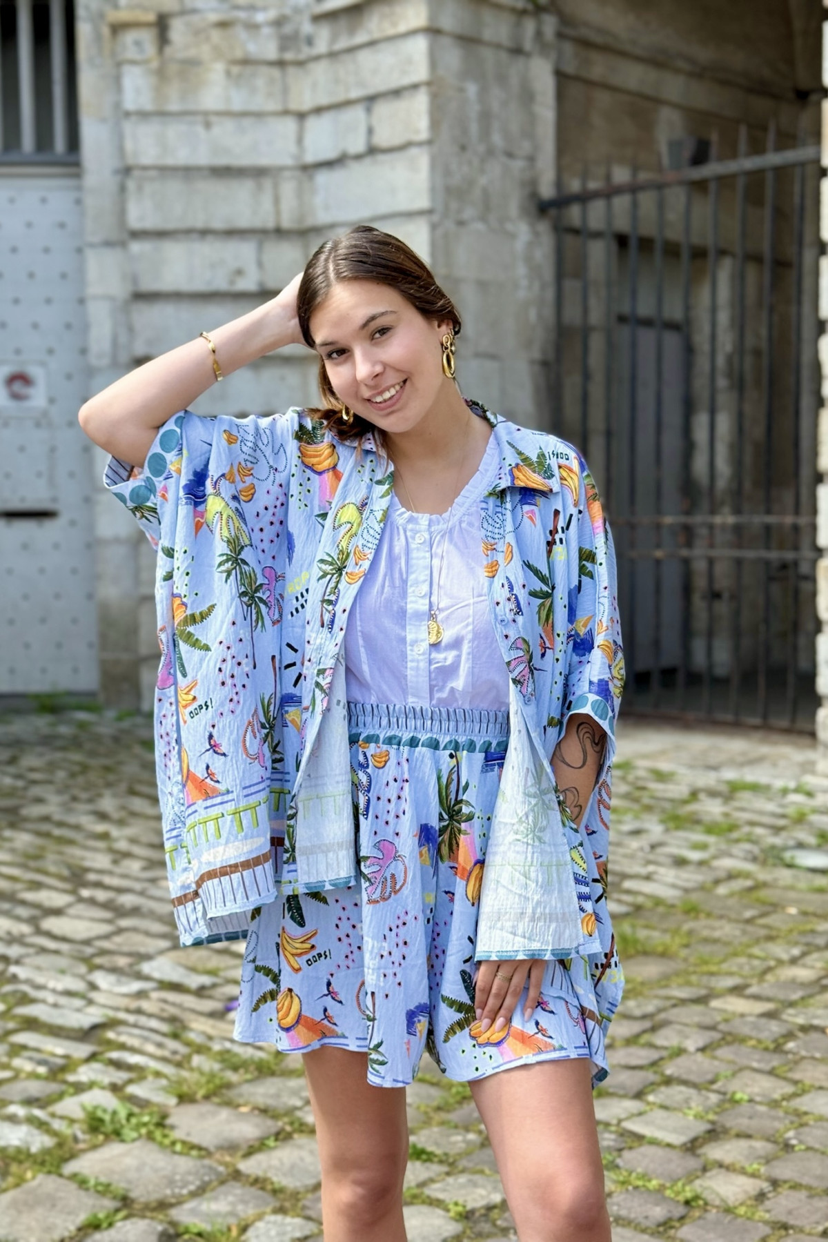 Ensemble chemisier et short imprimé estival art 2399 taille unique bleu (1)