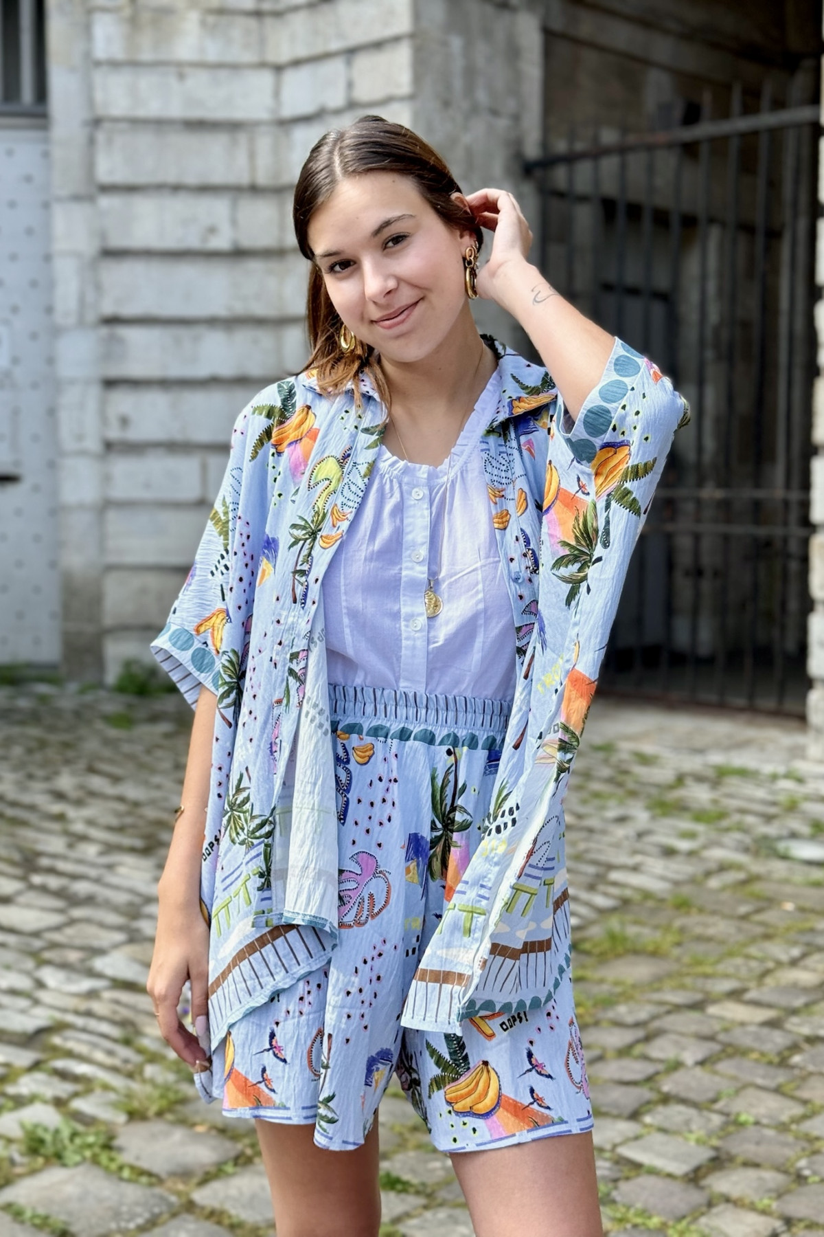Ensemble chemisier et short imprimé estival art 2399 taille unique bleu (2)