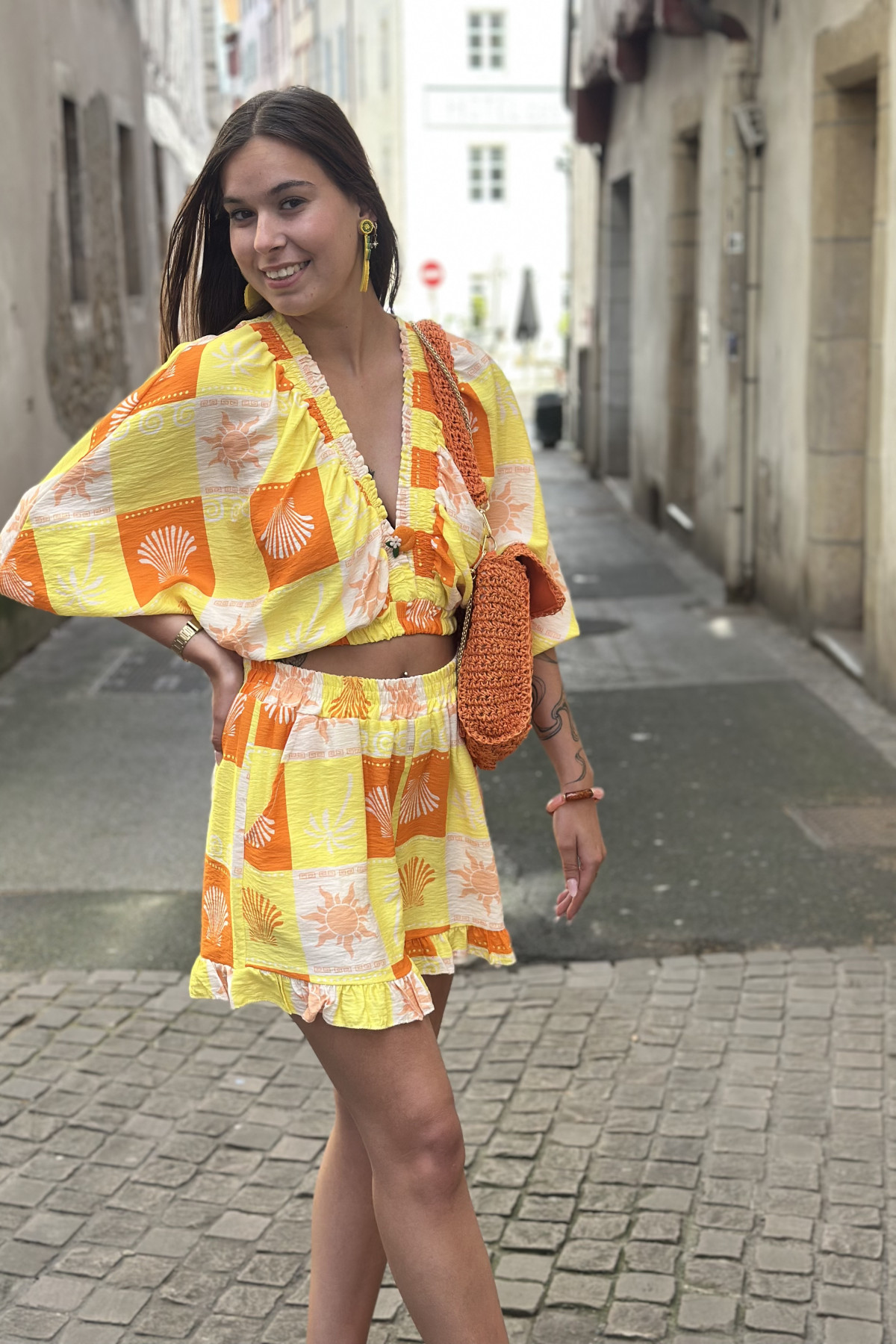 Ensemble top et short imprimé estival art 12520 taille unique jaune (1)