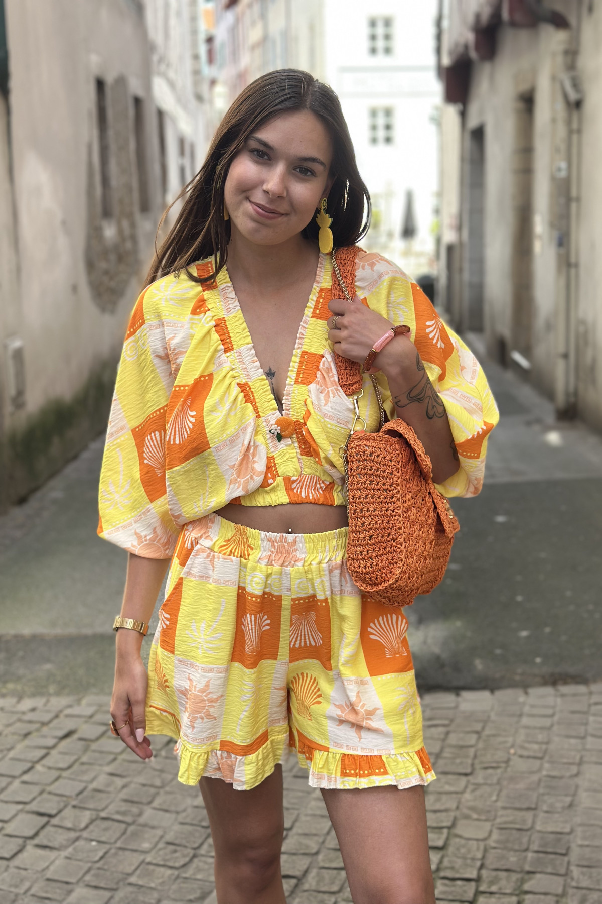 Ensemble top et short imprimé estival art 12520 taille unique jaune (2)