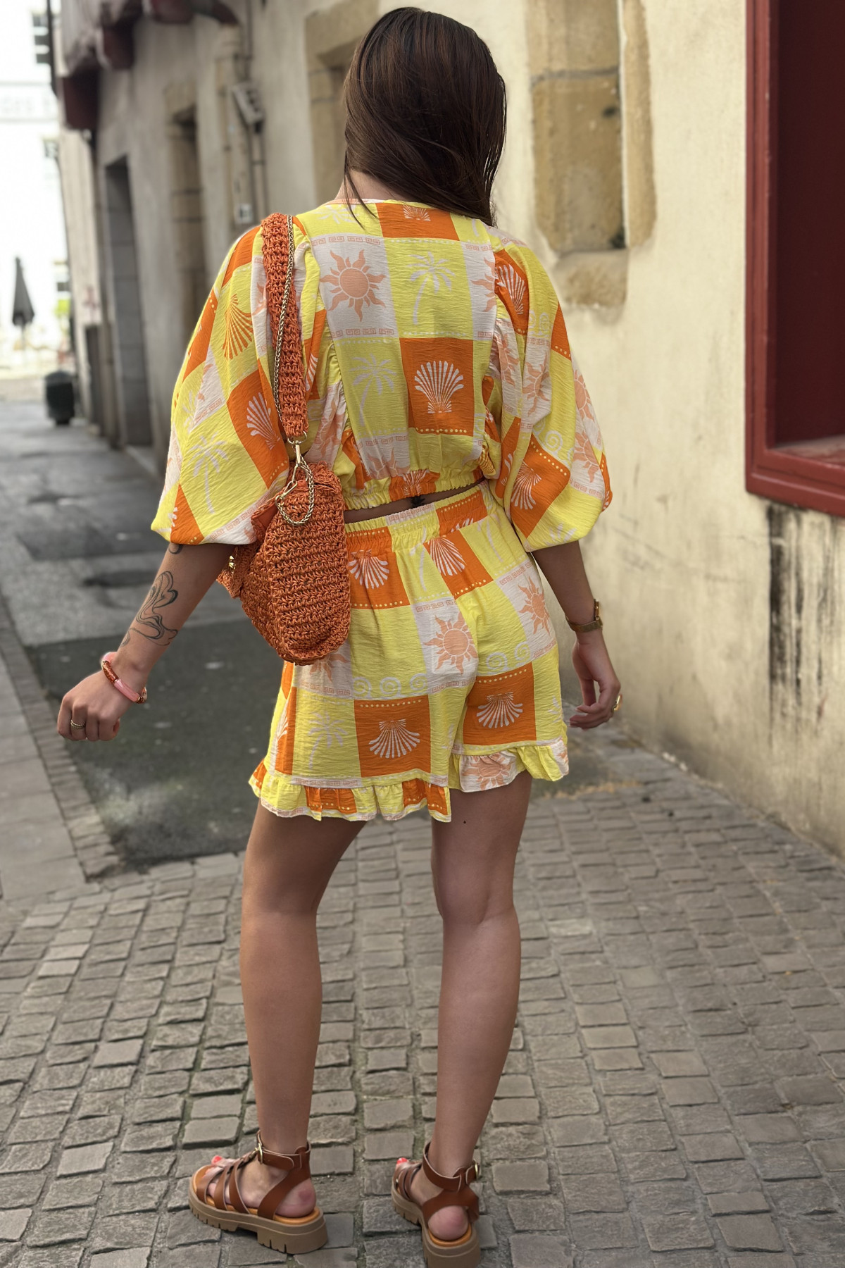 Ensemble top et short imprimé estival art 12520 taille unique jaune (3)