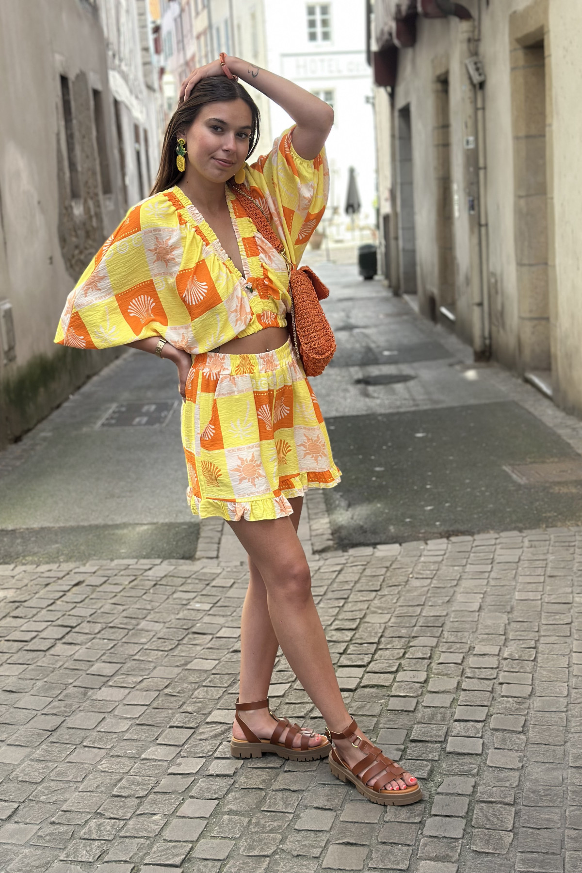 Ensemble top et short imprimé estival art 12520 taille unique jaune (4)