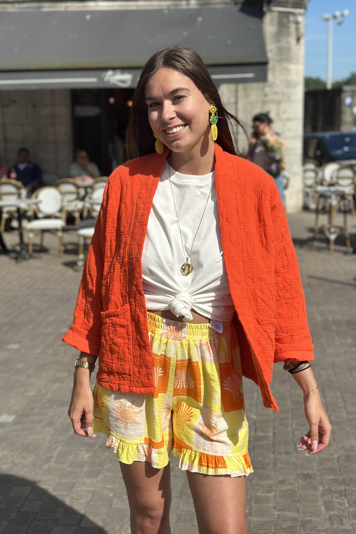 Veste en gaze de coton orange taille unique coupe oversize (1)