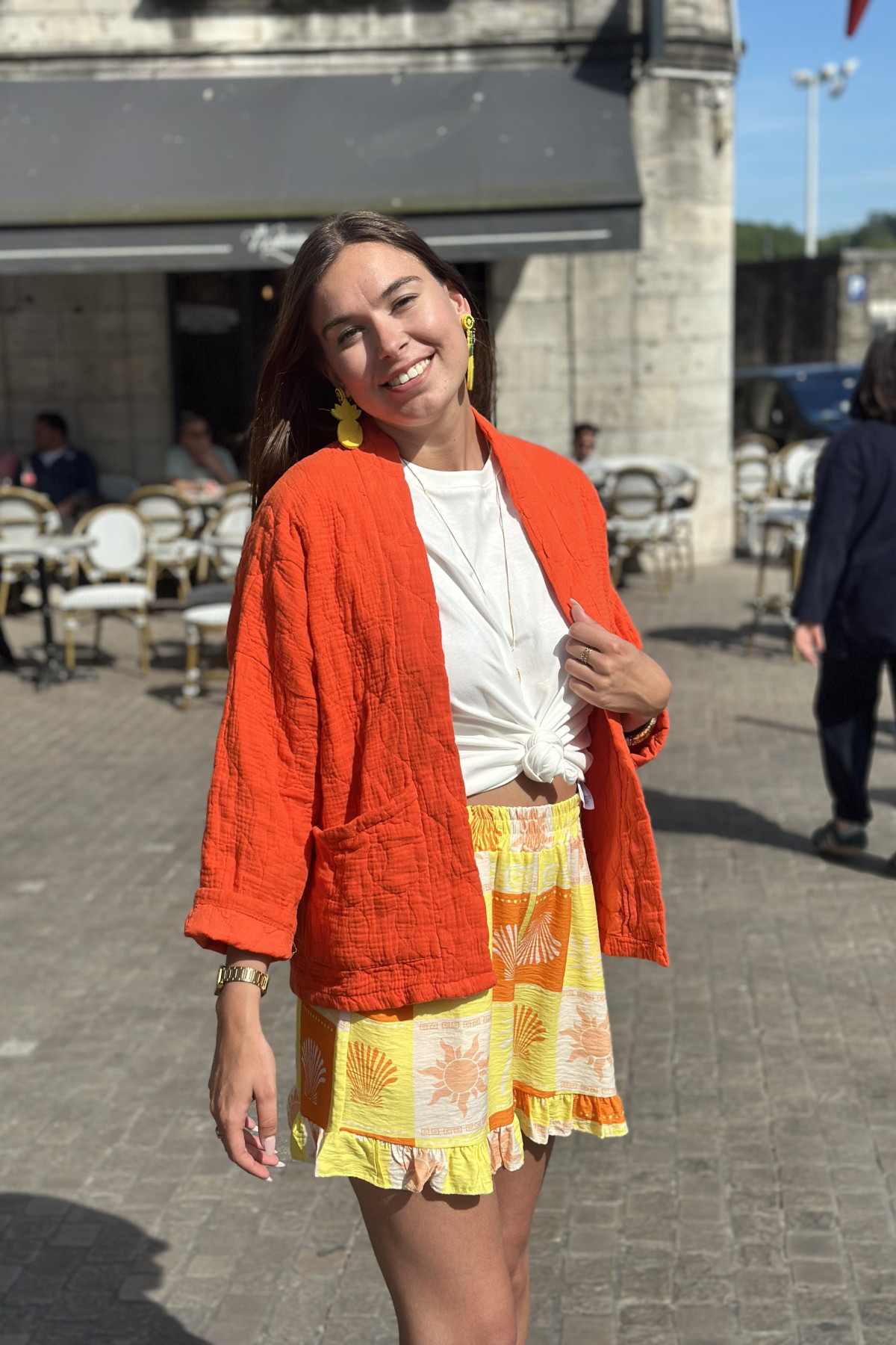 Veste en gaze de coton orange taille unique coupe oversize (2)