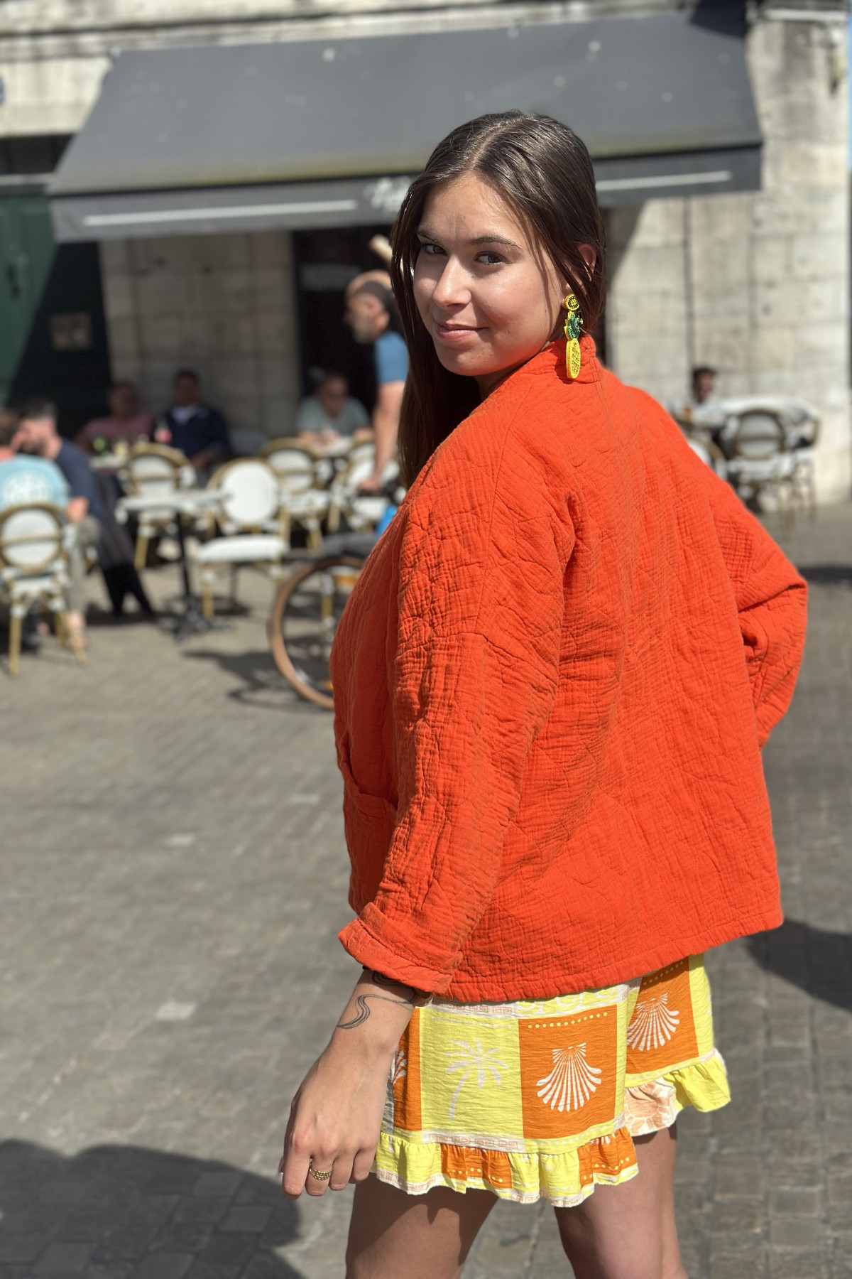 Veste en gaze de coton orange taille unique coupe oversize (3)