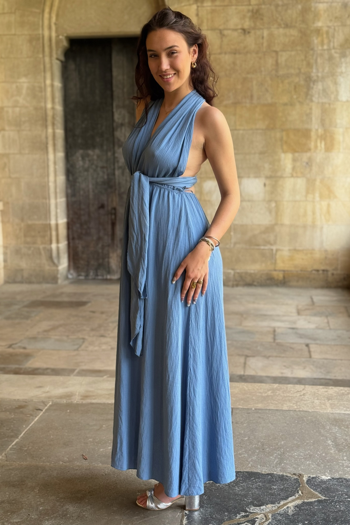 Robe longue bleu taille unique dos nu avec liens à nouer  (1)