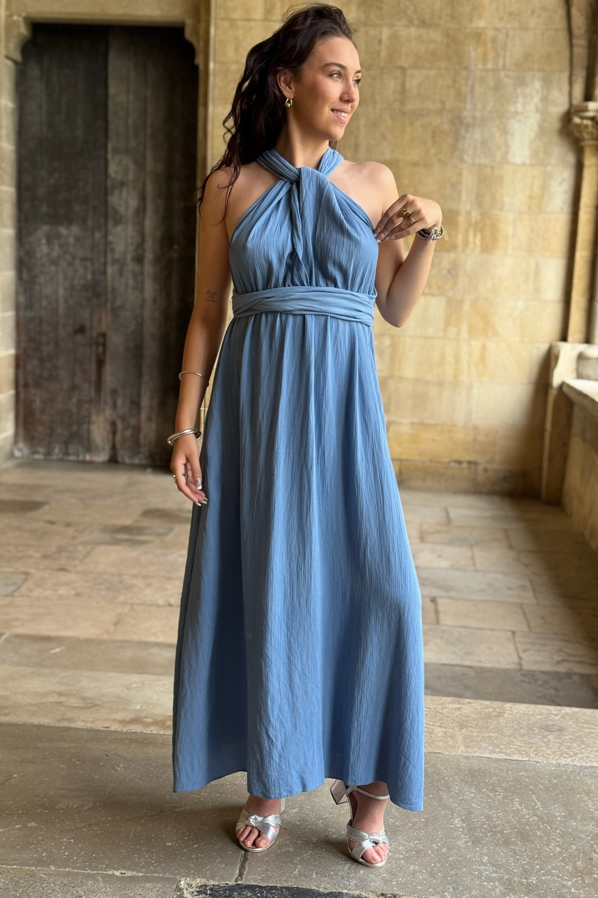 Robe longue bleu taille unique dos nu avec liens à nouer  (4)