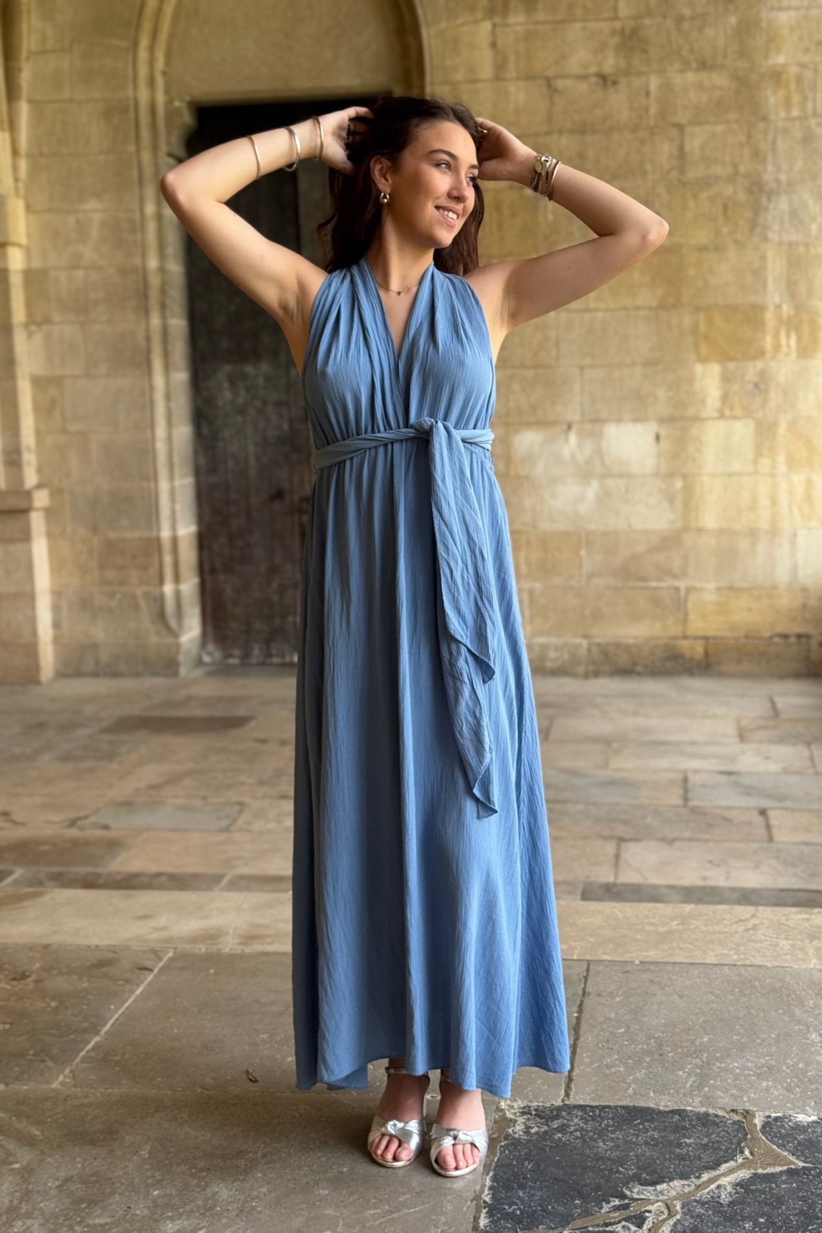 Robe longue bleu taille unique dos nu avec liens à nouer  (5)