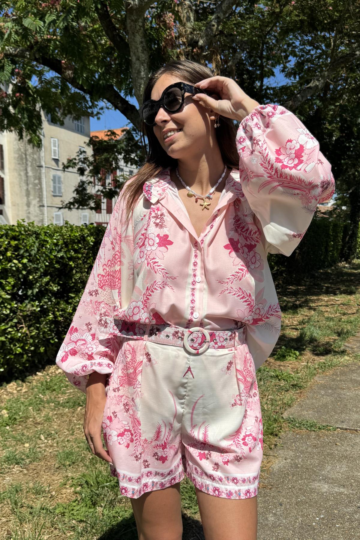 ensemble blouse et short assotis tons roses fleurs 3115  (2)