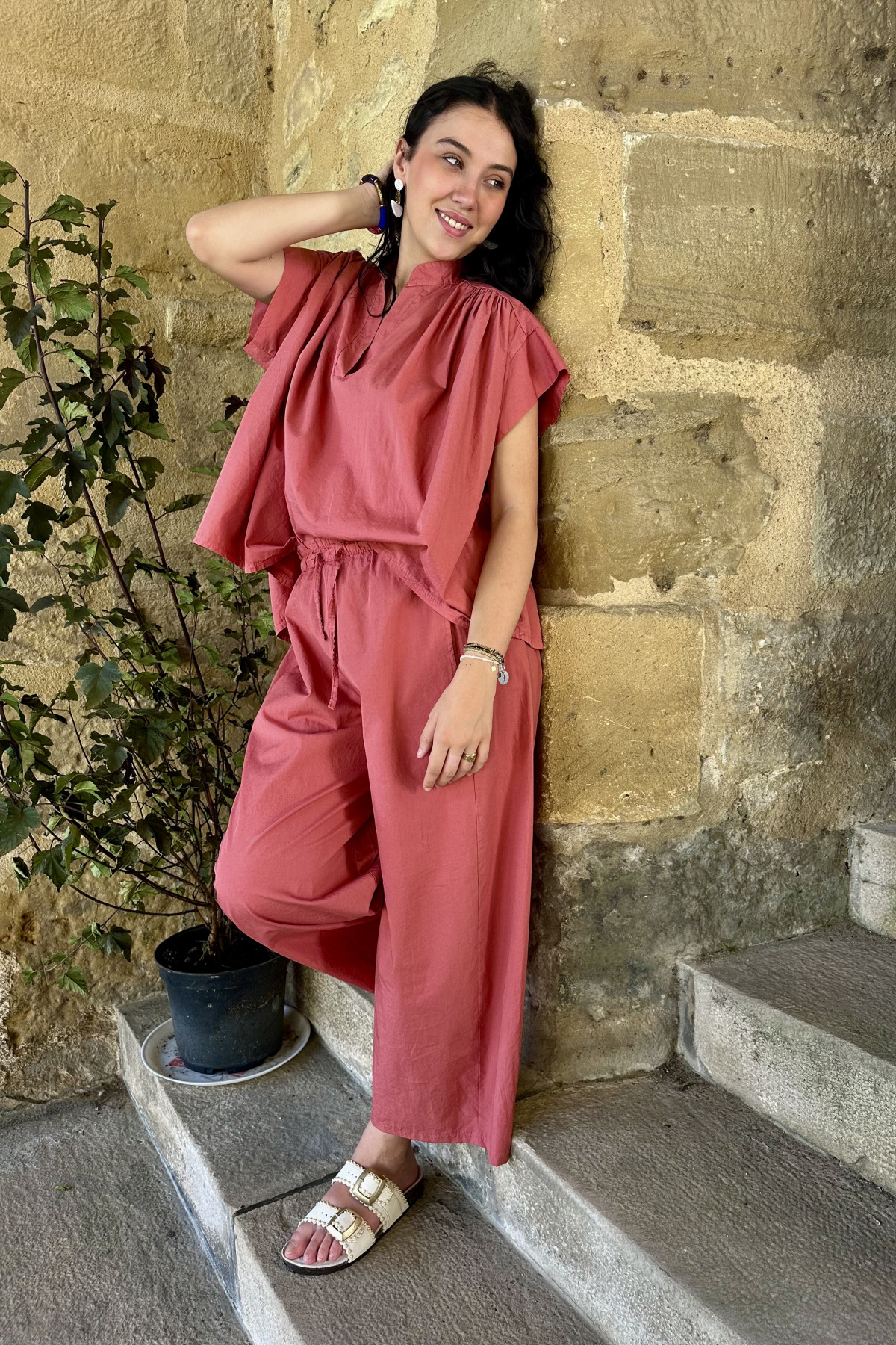 Ensemble en coton vieux rose, coupe oversize et taille unique (3)