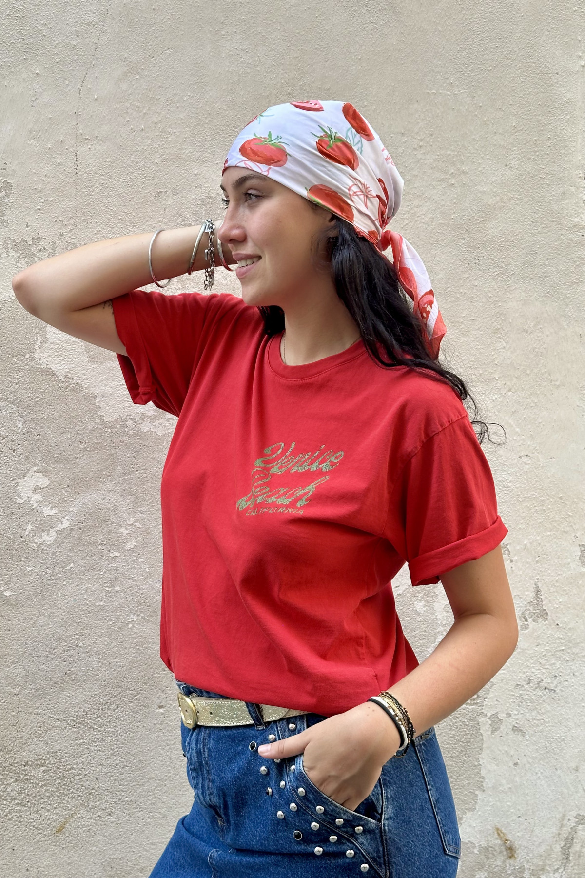 T-shirt rouge en coton avec imprimé vintage Venice Beach coupe droite (1)