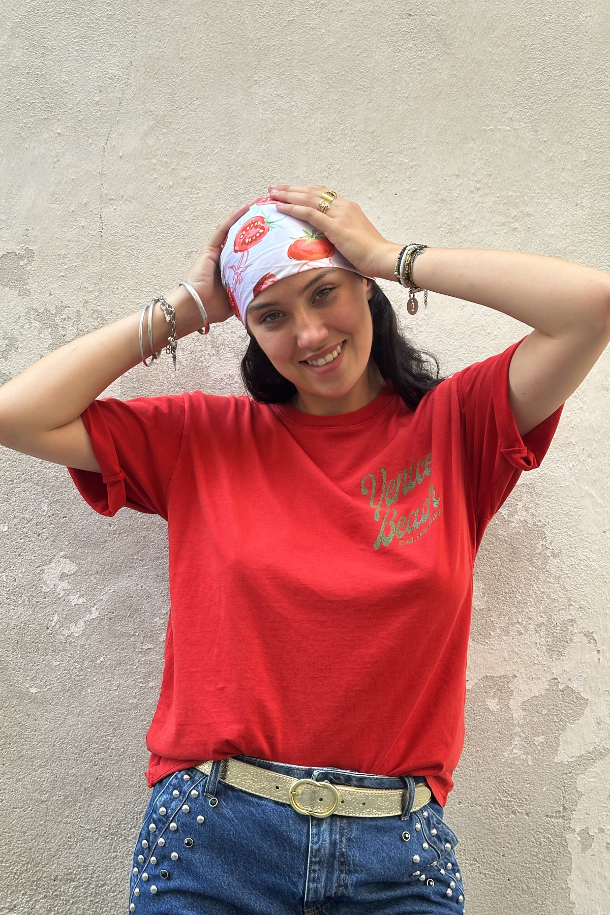 T-shirt rouge en coton avec imprimé vintage Venice Beach coupe droite (2)