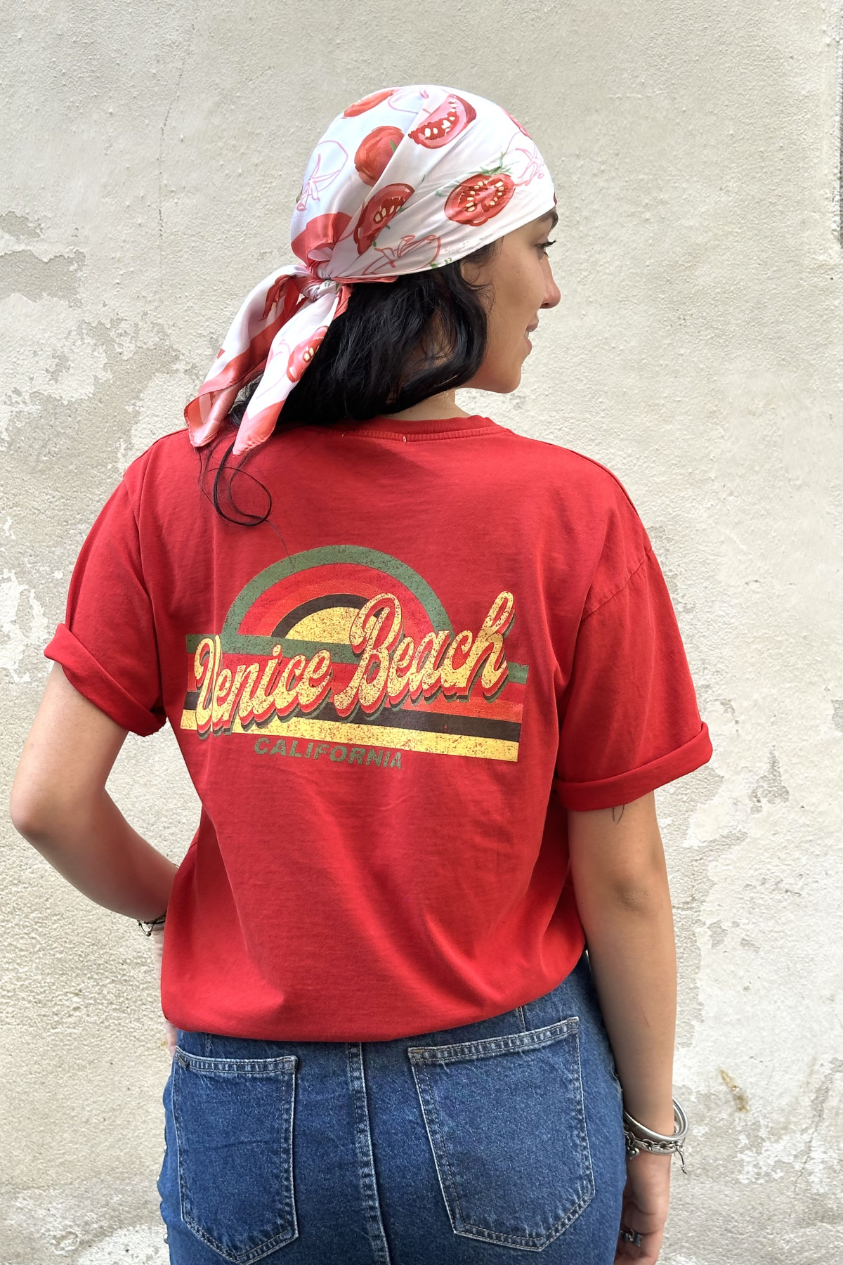 T-shirt rouge en coton avec imprimé vintage Venice Beach coupe droite (3)