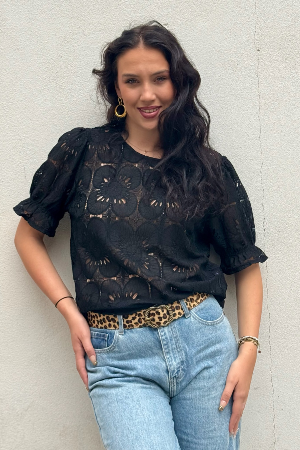 cream top manches courtes resserrées en dentelle noir libby 3918 (4)