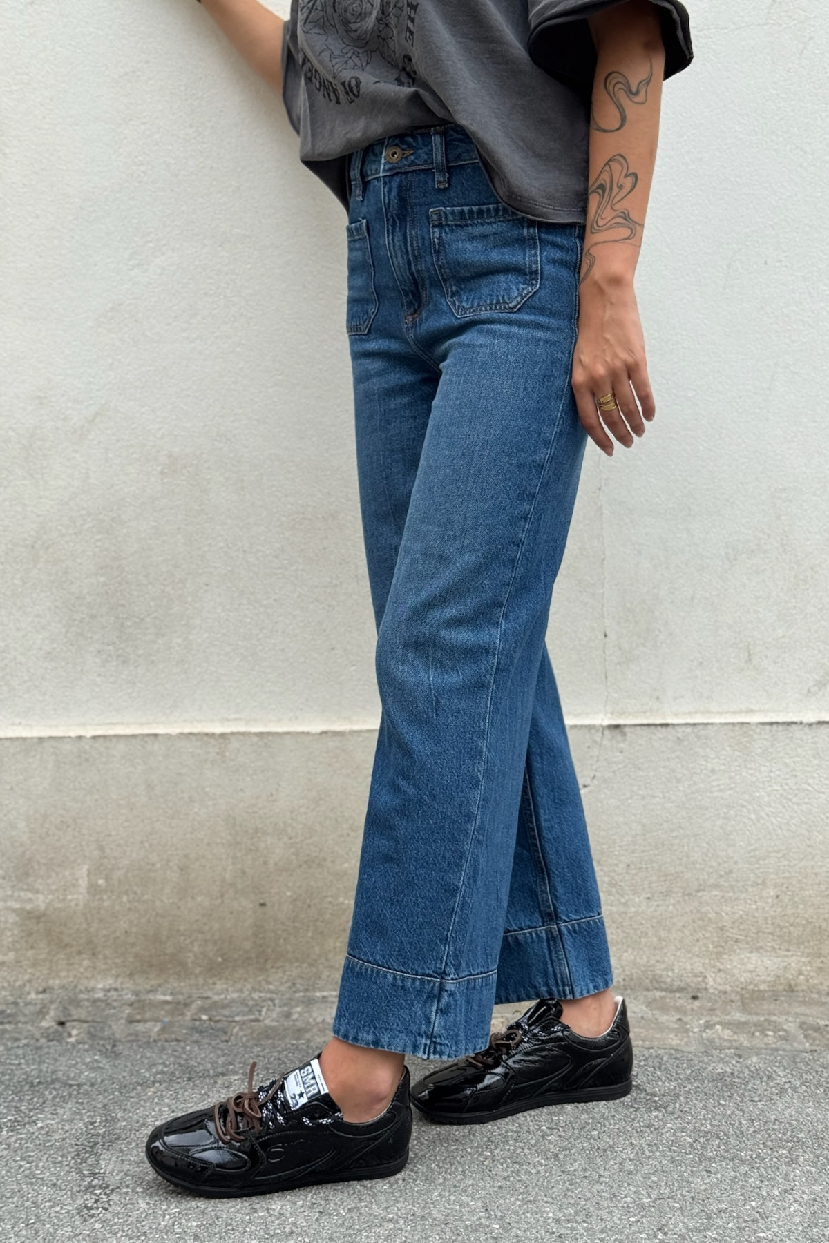 ichi pantalon jeans coupe droite assez court avec poches plaquées pamala  (3)