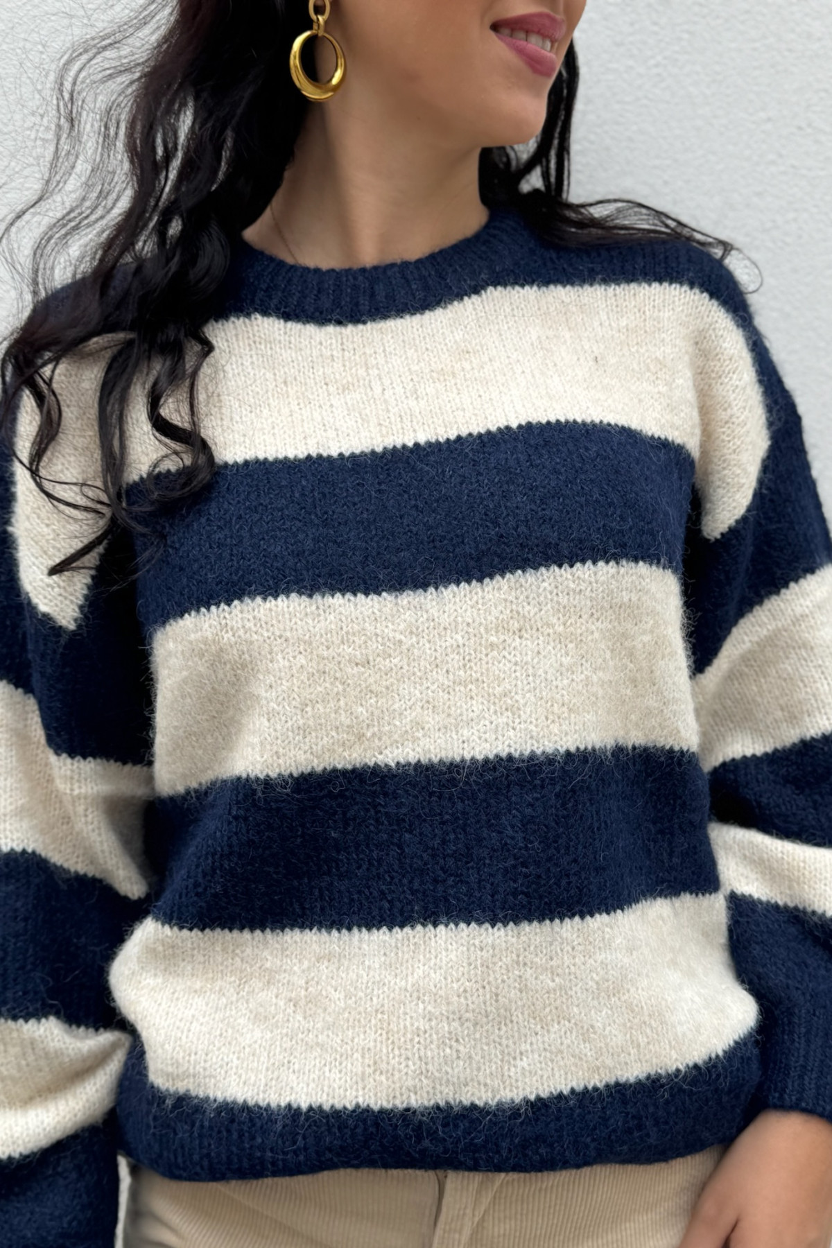Pull ICHI oversize rayé bleu marine et écru Dayana  (3)