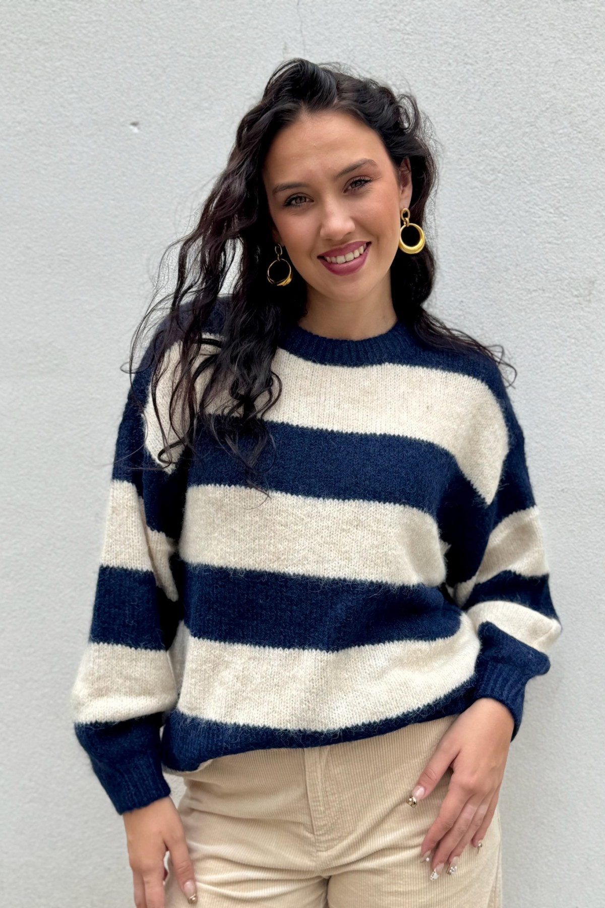 Pull ICHI oversize rayé bleu marine et écru Dayana  (4)