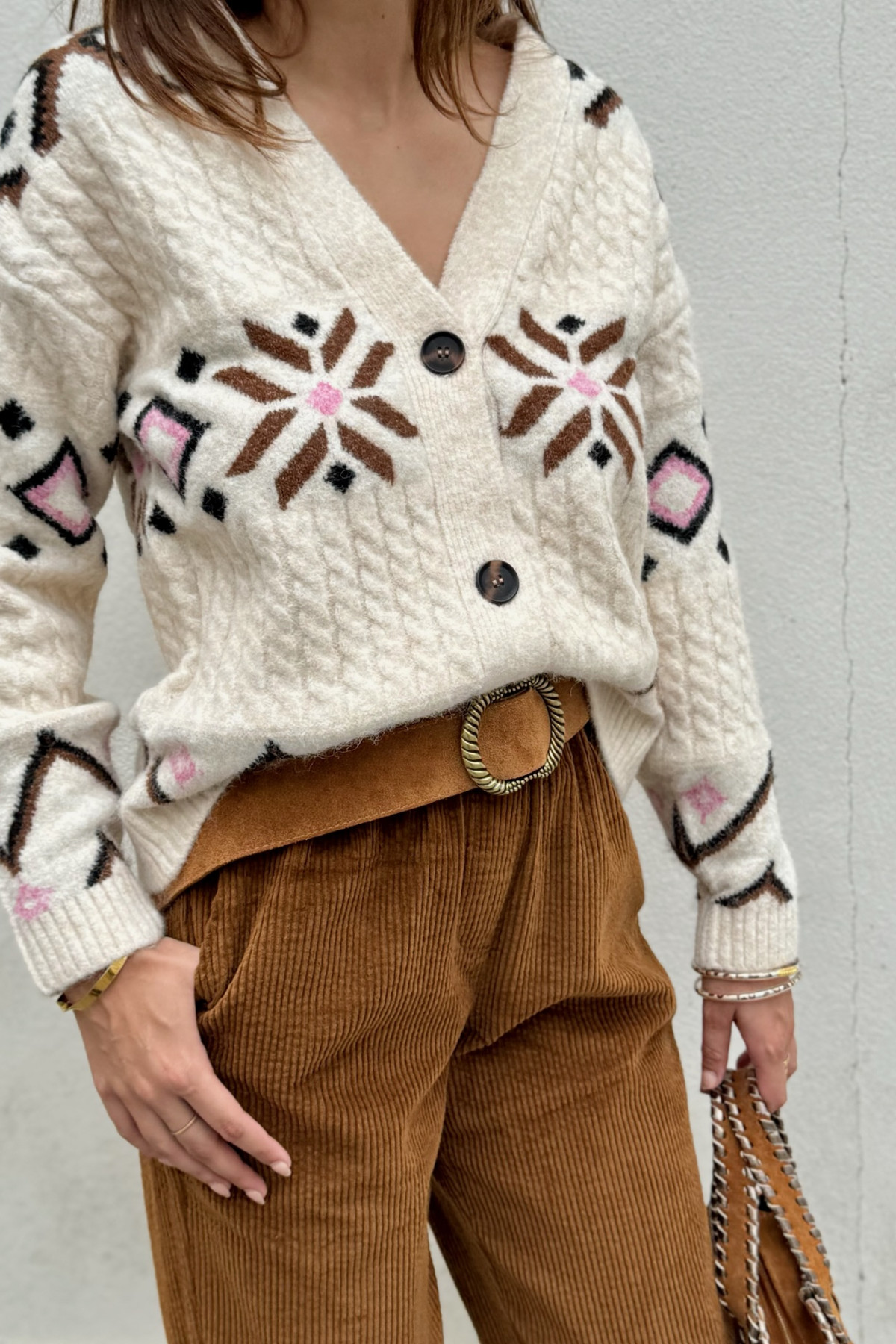 gilet Melba b young beige imprimé bohème camel et rose boutons  (3)