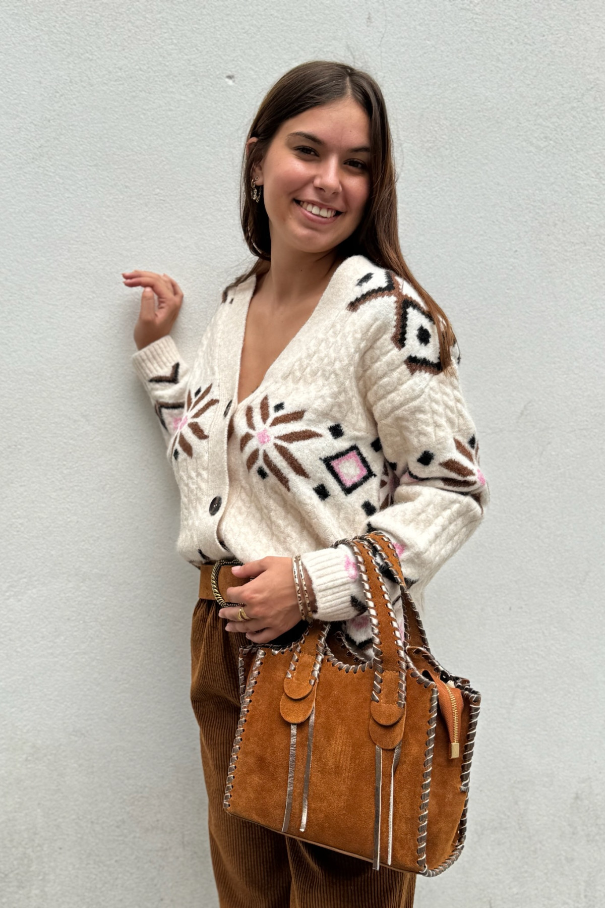 gilet Melba b young beige imprimé bohème camel et rose boutons  (5)