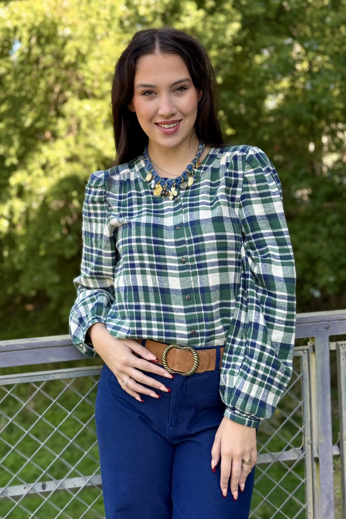 Blouse ICHI TAMANNA 4456 à carreaux verts et blancs (2)