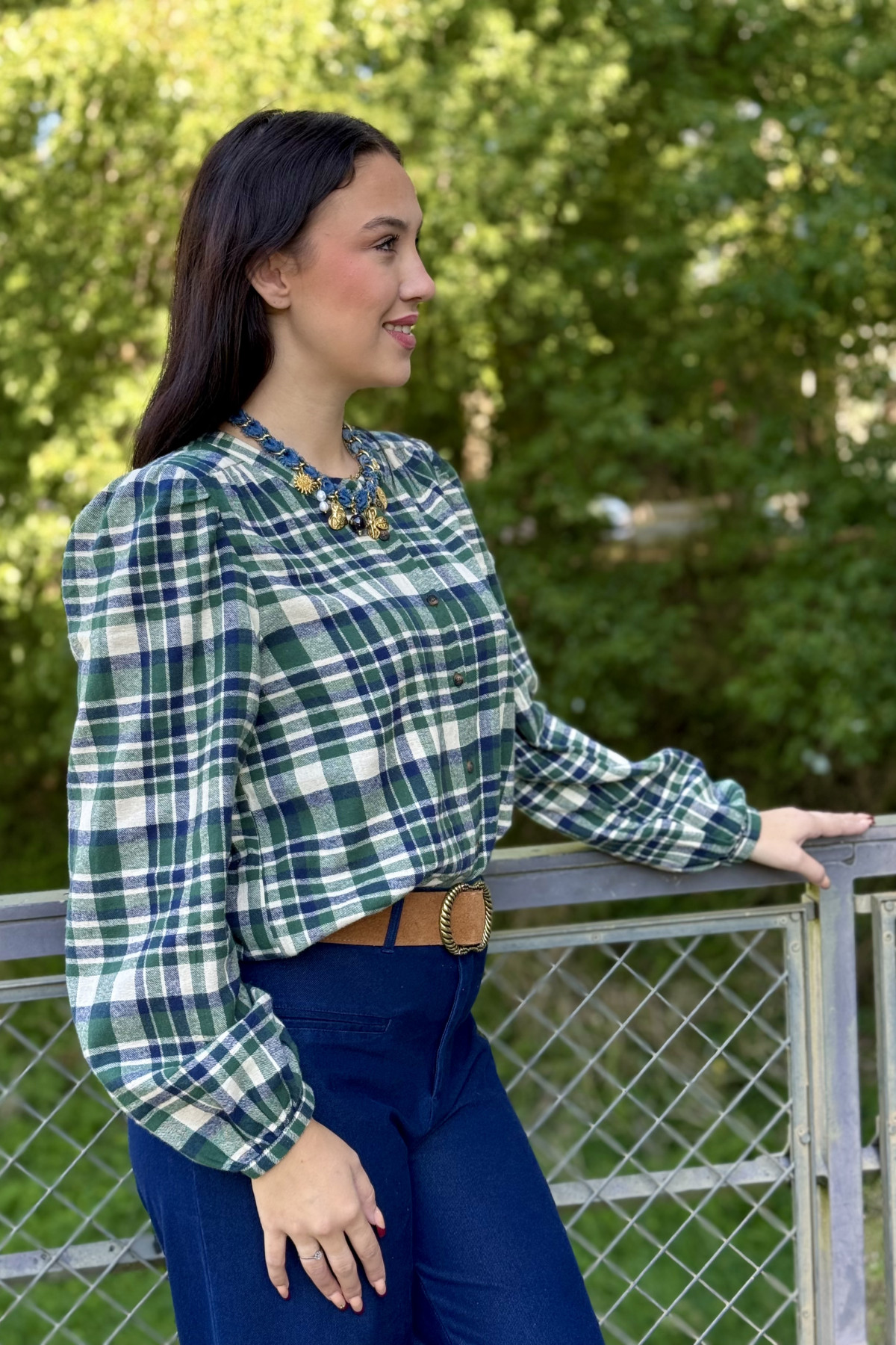 Blouse ICHI TAMANNA 4456 à carreaux verts et blancs (3)
