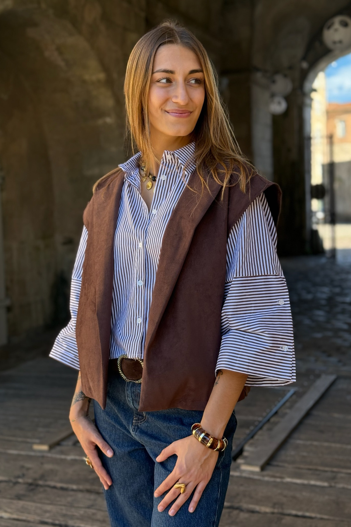 veste sans manche marron effet daim 9111 (5)