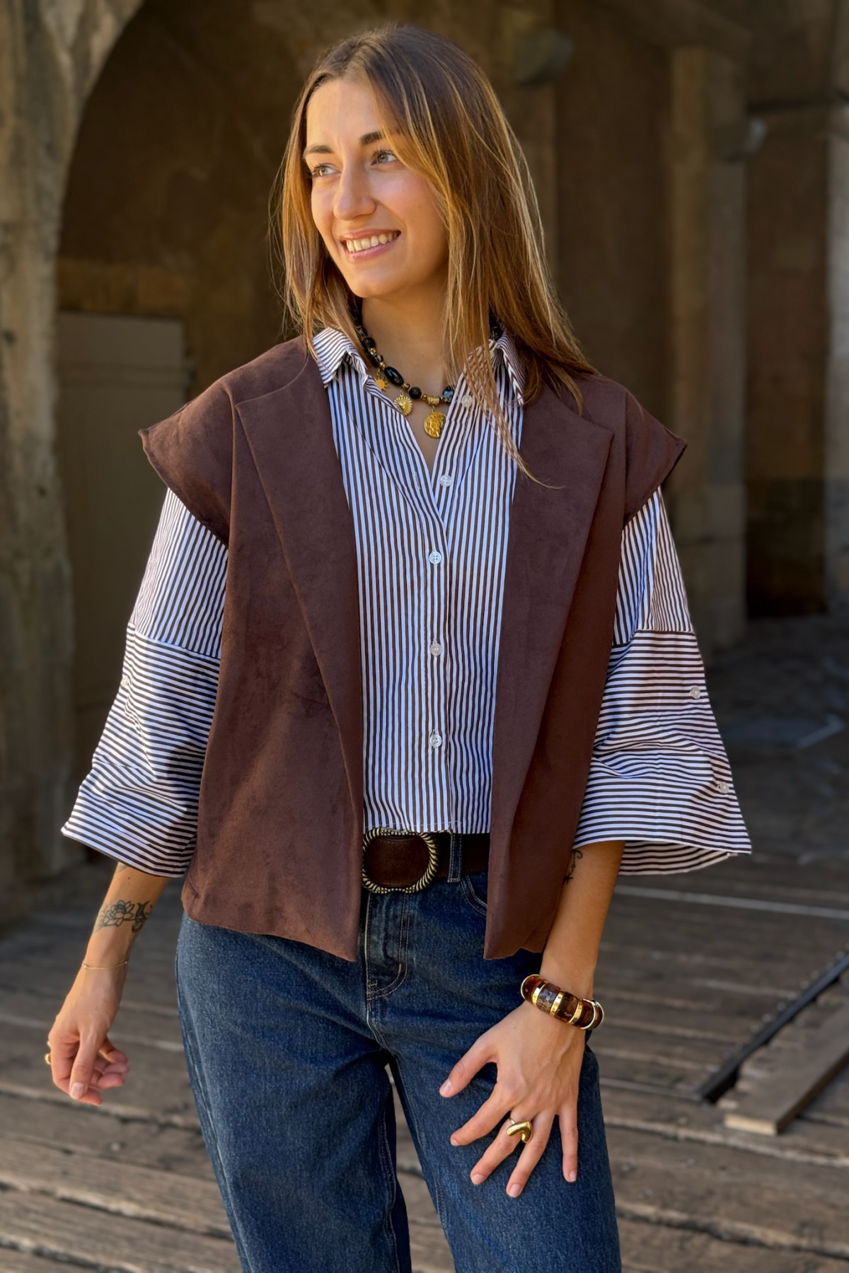 chemise a rayure marron et blanche 797 (5)