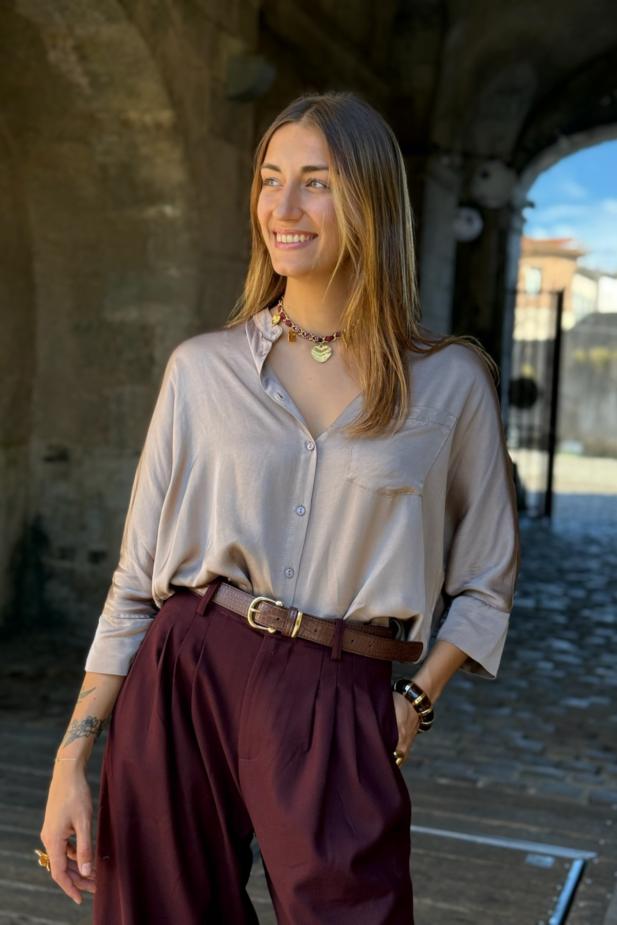 Chemise col mao manche 3/4 ch4015 taupe pako litto silky touch (2)