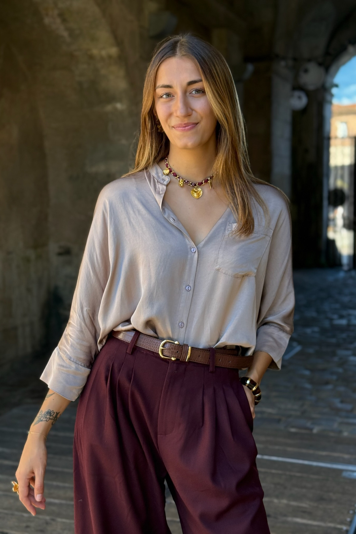 Chemise col mao manche 3/4 ch4015 taupe pako litto silky touch (4)