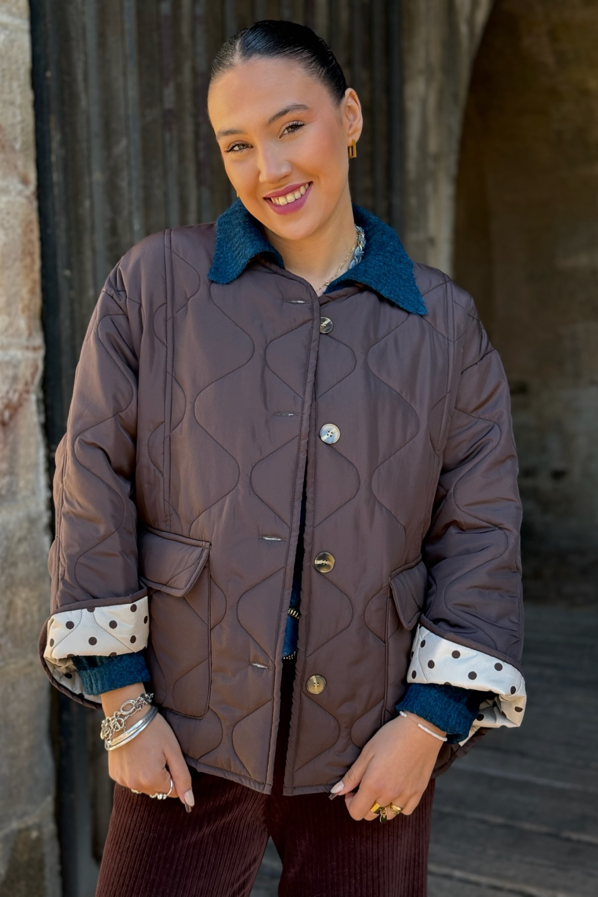 veste essentiel oversize marron matelassée intérieur pois (5)