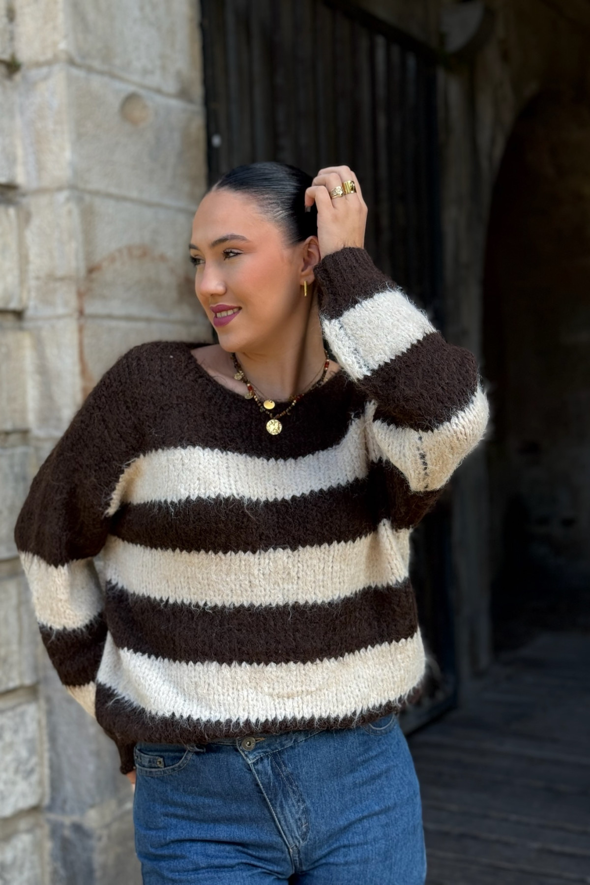 pull the korner en maille rayure ecru et marron horizontales sweater 3808 (3)