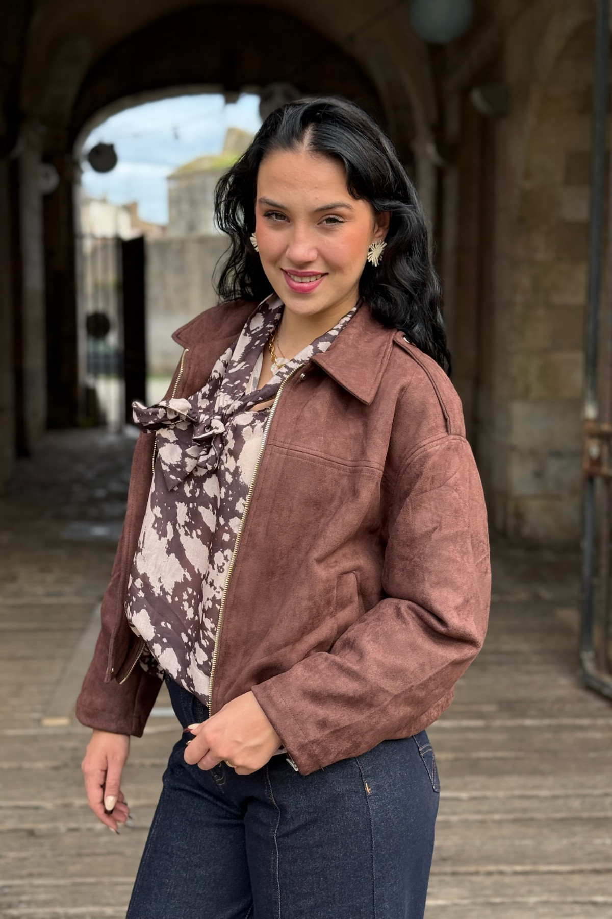 veste en daim Charlier marron col chemise Z032 (3)