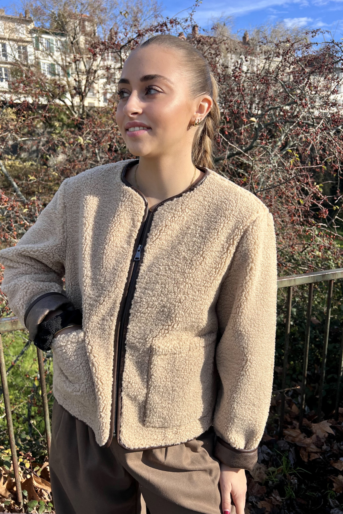 b young veste manteau fourrure marron beige hiver (2)