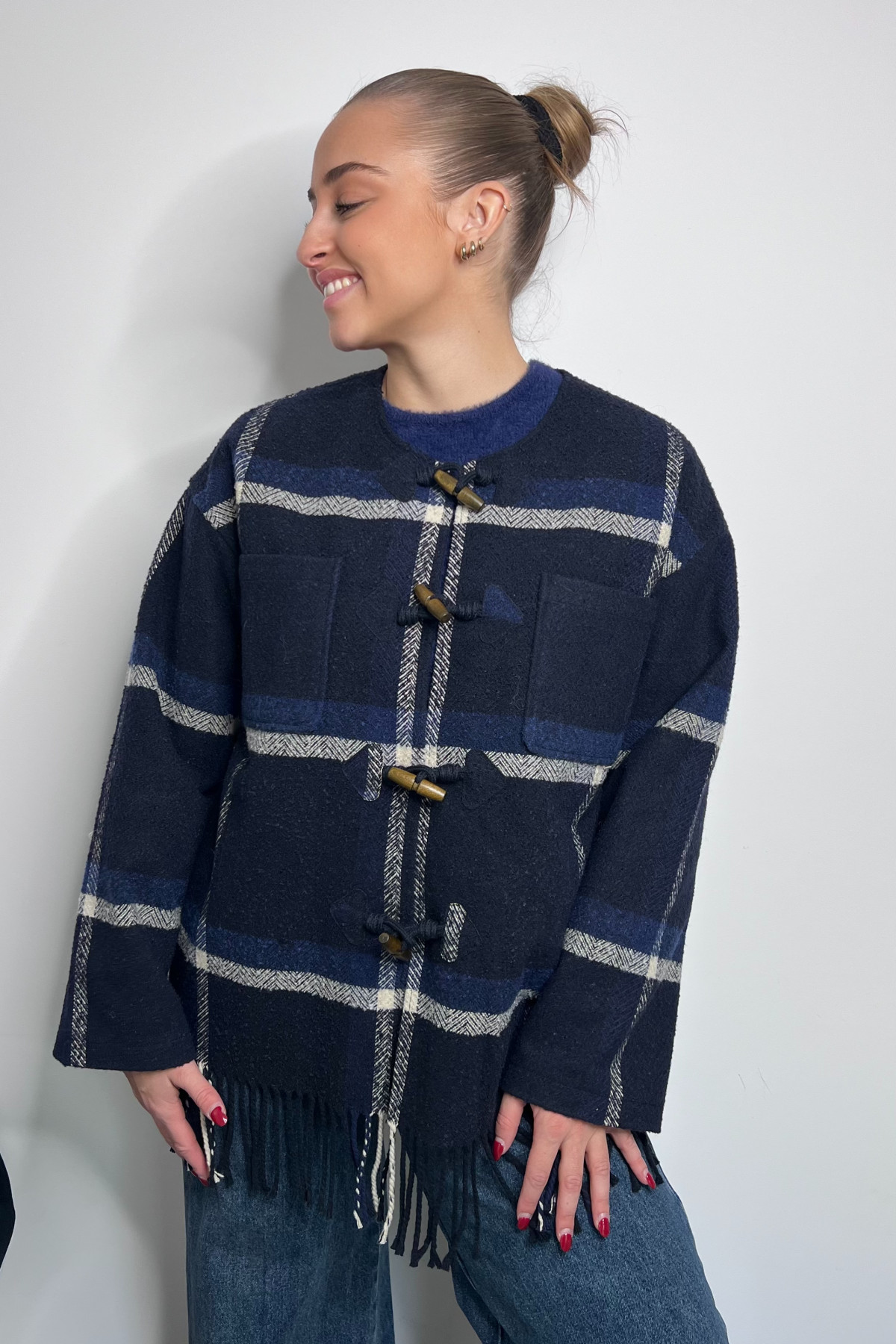 veste à franges à carreaux bleu ichi 20123114 (1)