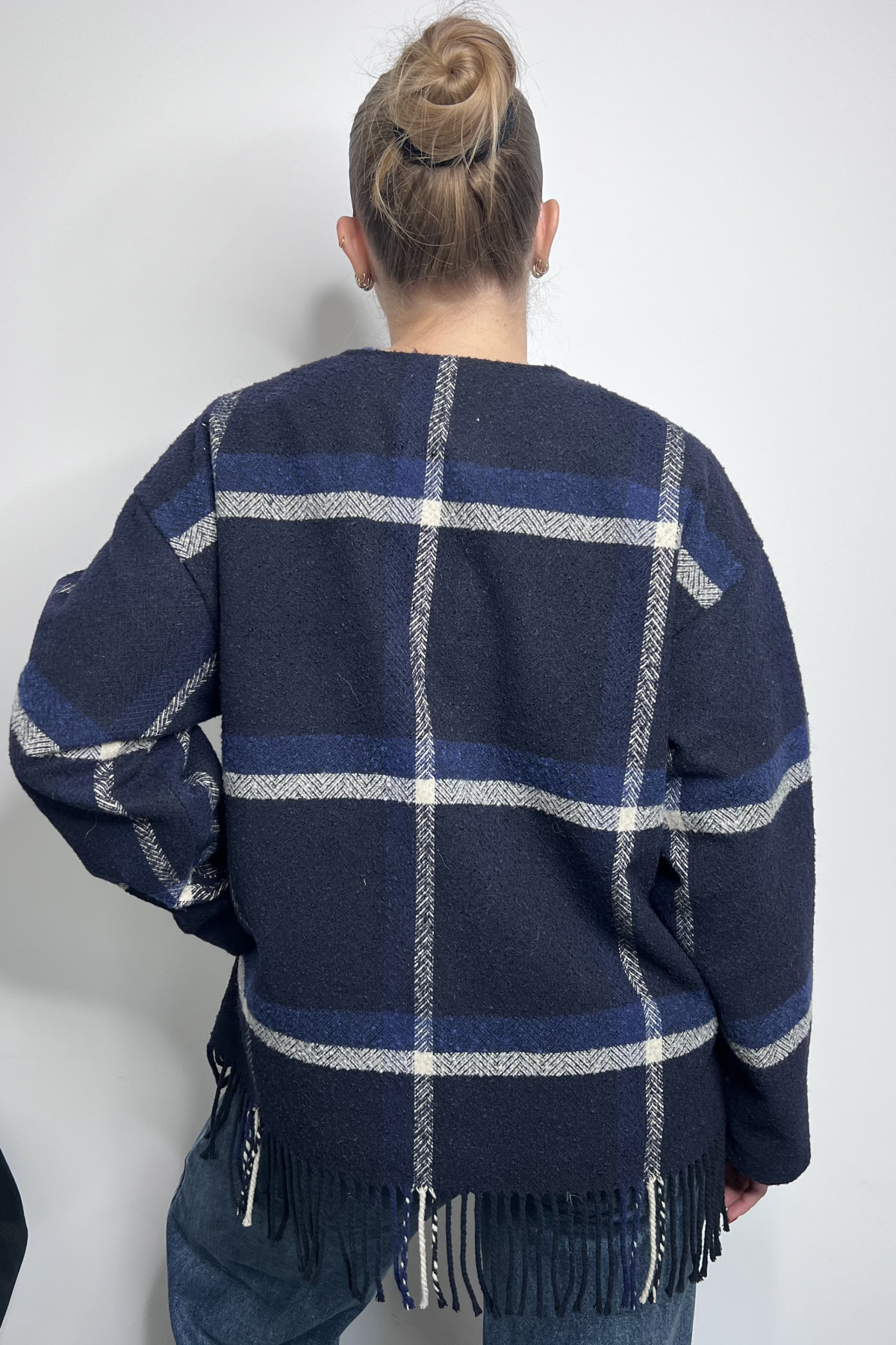 veste à franges à carreaux bleu ichi 20123114 (4)