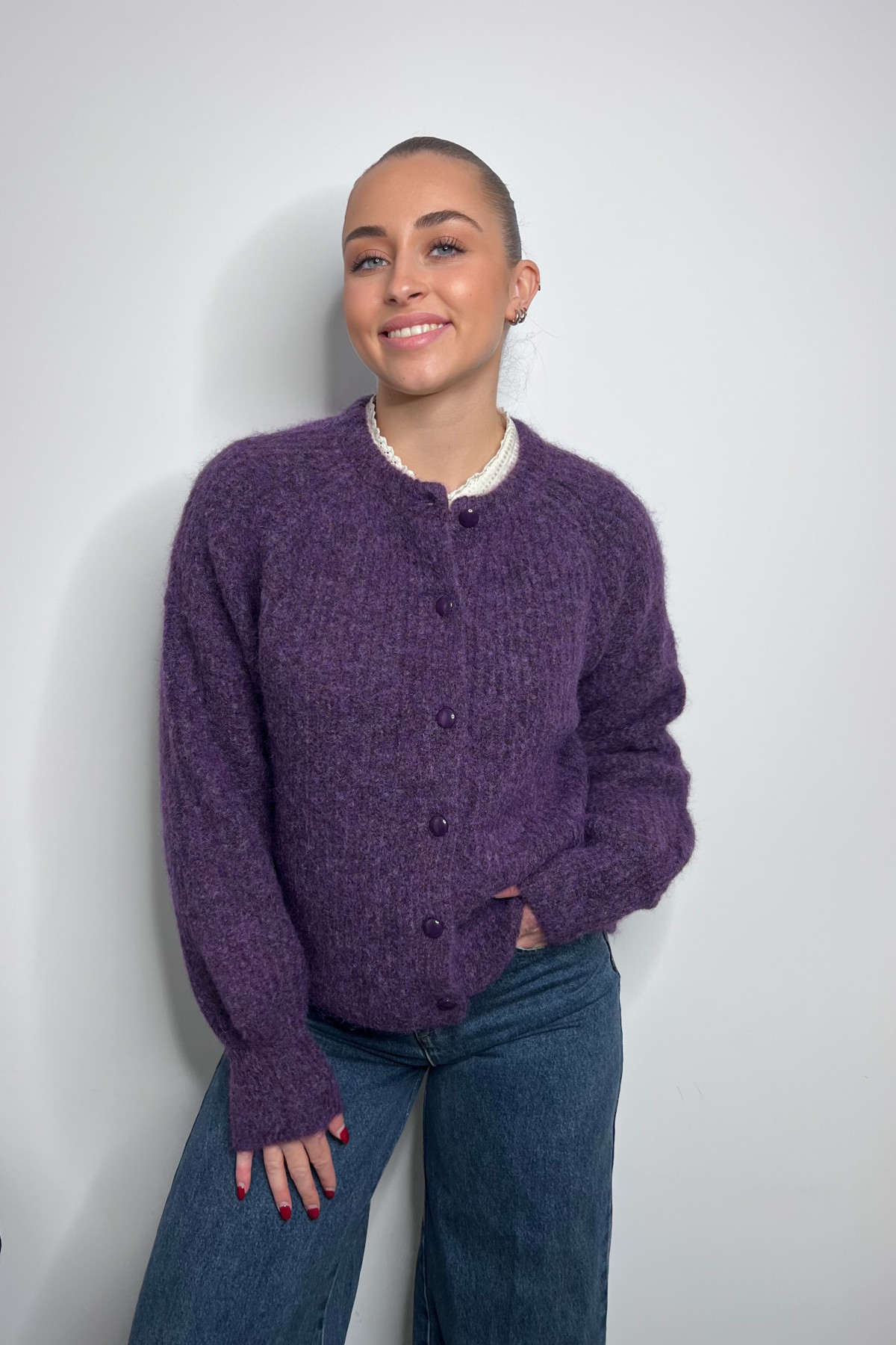 Gilet  chummy en maille douce et duveteuse violet SK28745 (1)