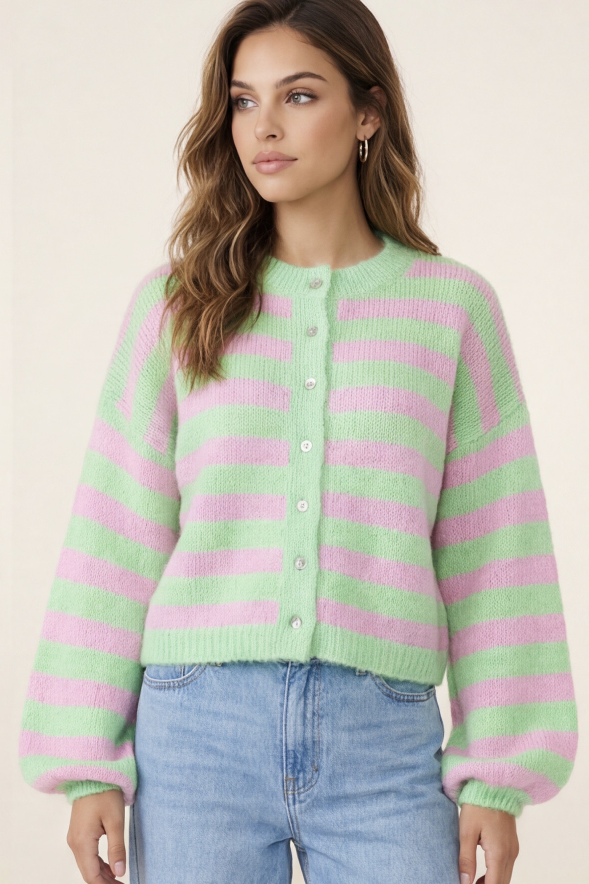 chummy gilet lilou rayé rose et vert 8506 (1)