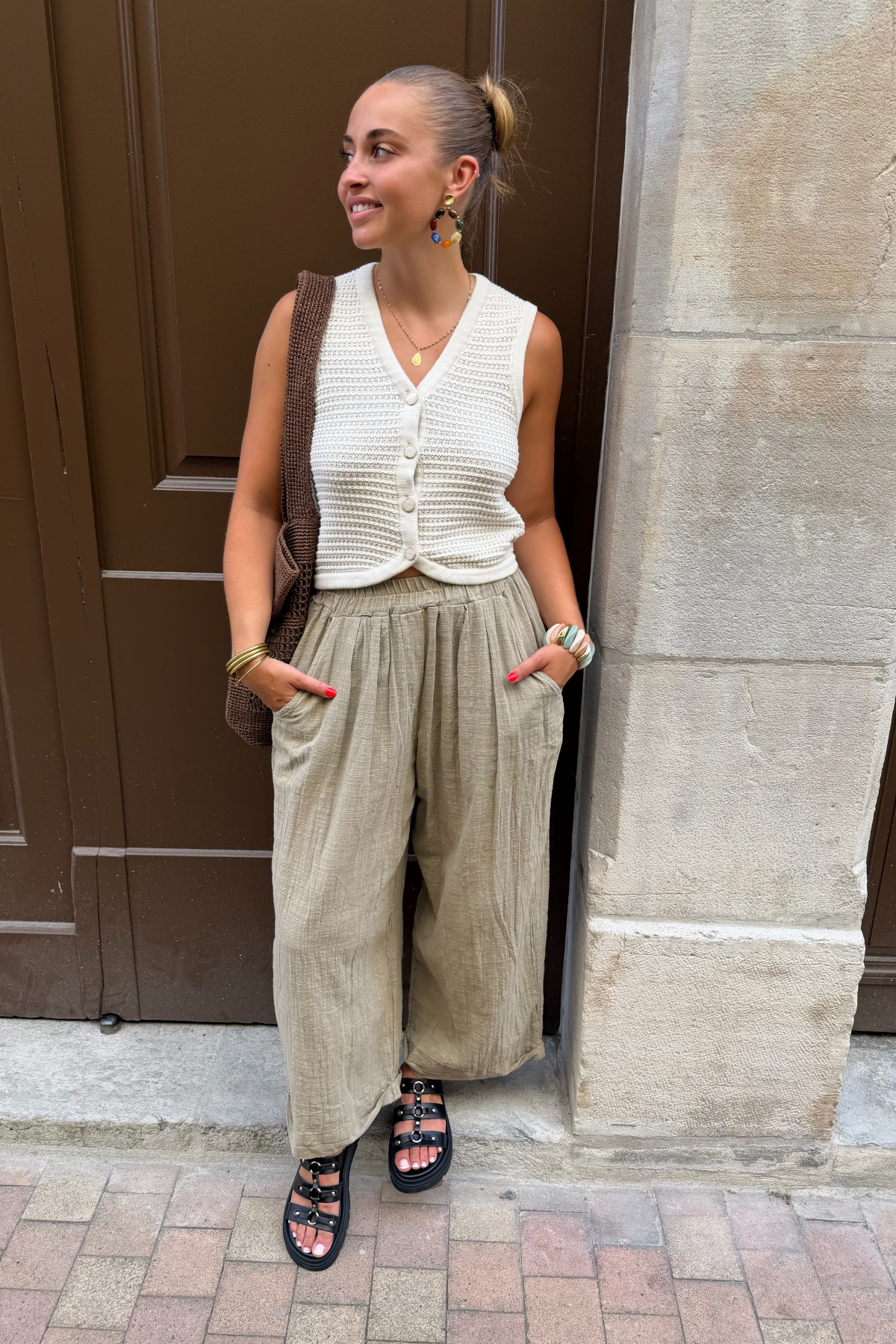 pantalon en lin kaki/beige  (1)